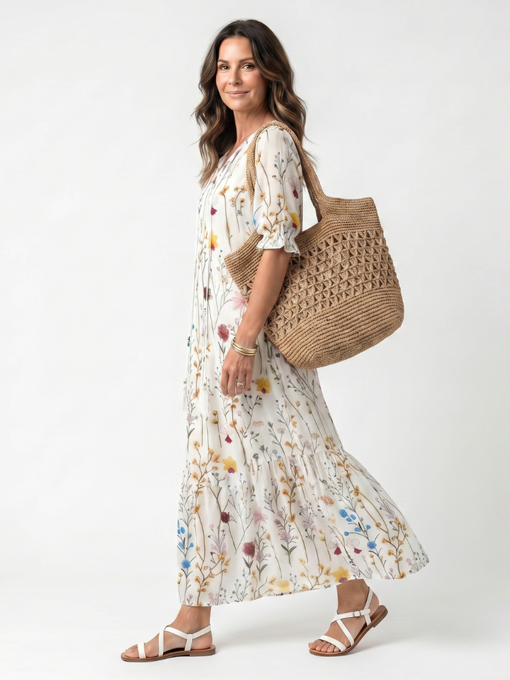 Sylvie | Botanical Print Tassel Tie Midi Dress