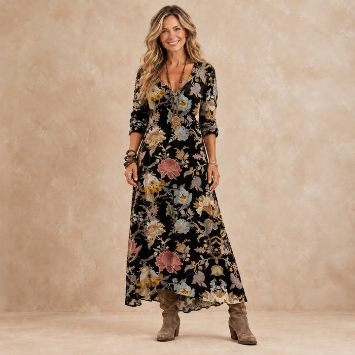 Loretta | Midnight Botanical Maxi Dress