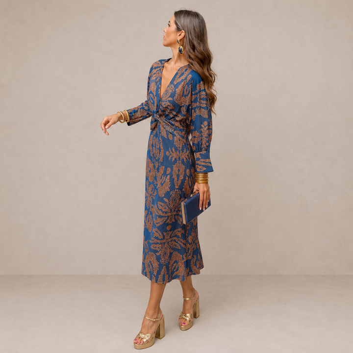 ELVENA™ | V-Neck Tie-Waist Midi Dress