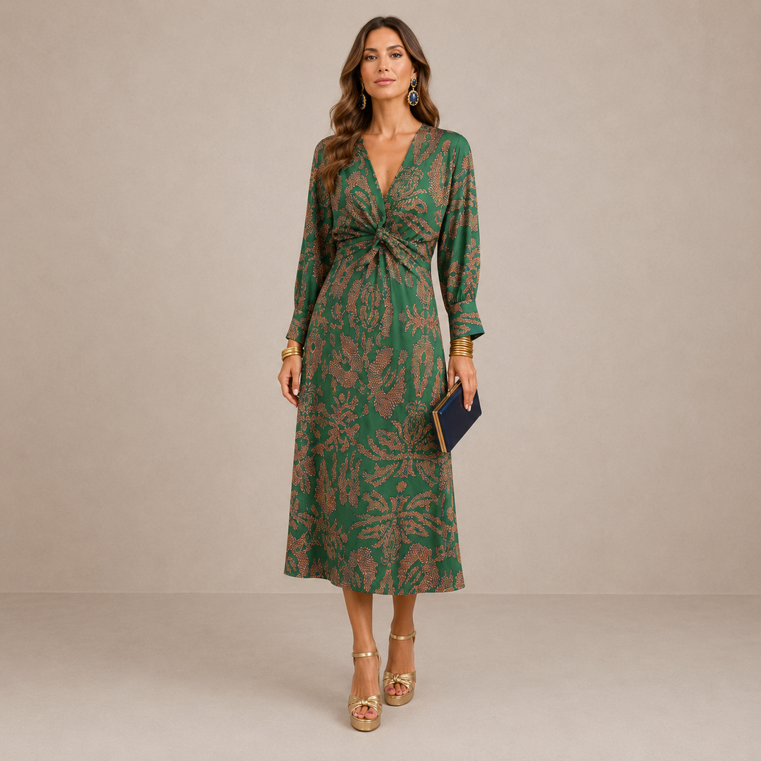 ELVENA™ | V-Neck Tie-Waist Midi Dress