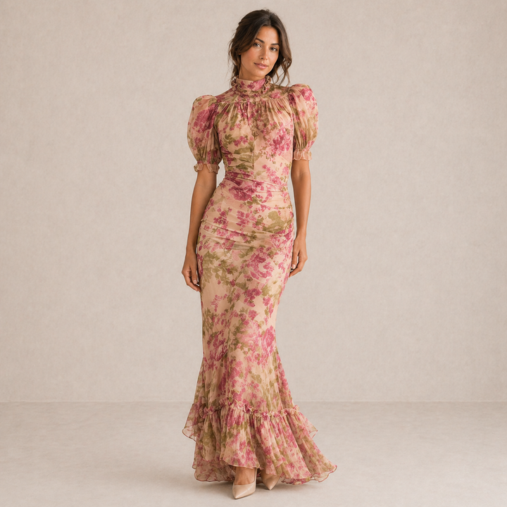 ELVENA™ | Floral Puff-Sleeve Maxi Dress.