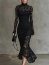 Elegant Black Stretch Lace Fishtail Maxi Dress