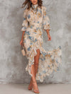Beige Turtleneck Oil Painting Floral Print Irregular Chiffon Maxi Dress