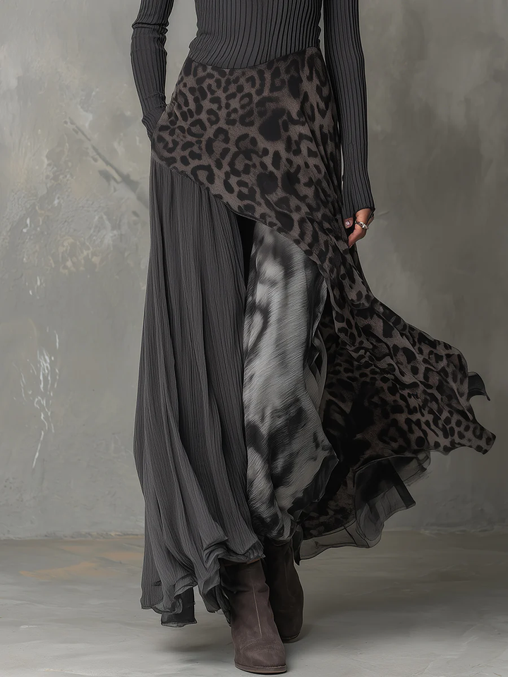 Gray Pit Stripe Leopard Print Splicing Asymmetrical Hem Maxi Dress