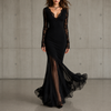 Vivienne | Black lace maxi dress with deep V-neck and mermaid skirt